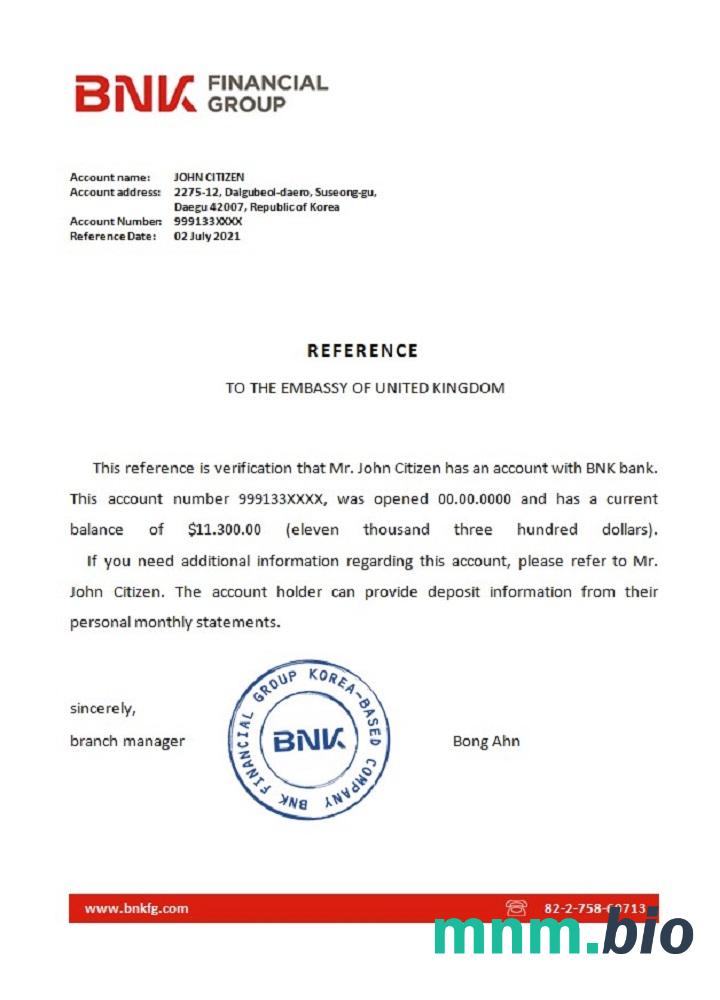 Przykład odniesienia banku Korea BNK w formatach Word i PDF